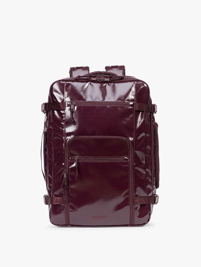 CALPAK Terra 35L Laptop Backpack Duffel in dark red Dark Cherry with tan accents on a white background; BPTL2601-DARK-CHERRY