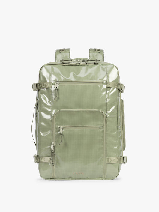 CALPAK Terra 35L Laptop Backpack Duffel in olive green Juniper on a white background; BPTL2601-JUNIPER