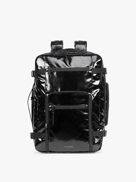 CALPAK Terra 35L Laptop Duffel Backpack in shiny black Obsidian on a white background; BPTL2601-OBSIDIAN