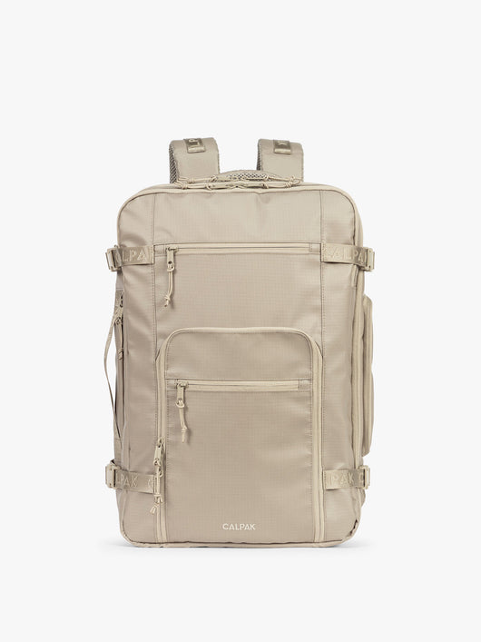 CALPAK Terra 35L Laptop Backpack Duffel in beige Stone on a white background; BPTL2601-STONE
