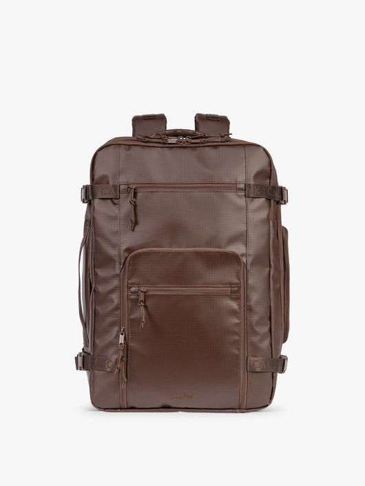 CALPAK Terra 35L Laptop Backpack Duffel in matte brown Walnut on a white background; BPTL2601-WALNUT