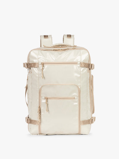 CALPAK Terra 35L Laptop Backpack Duffel in off-white White Sands with tan accents on a white background; BPTL2601-WHITE-SANDS