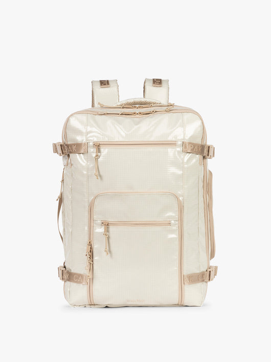 CALPAK Terra 35L Laptop Backpack Duffel in off-white White Sands with tan accents on a white background; BPTL2601-WHITE-SANDS