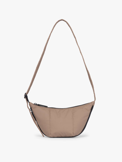 CALPAK Luka Crescent Tote bag in light brown Chocolate with shoulder strap and bag is expandable up to 2"; CBL2601-CHOCOLATE