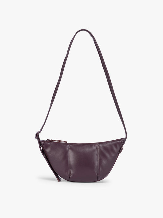 Dark Cherry deep burgundy vegan leather Luka Crescent shoulder bag with a long thin strap, shown against a plain light gray background; CBL2601-DARK-CHERRY-PU