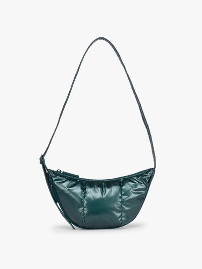 CALPAK Luka Crescent Bag in dark green shiny Kale; CBL2601-GLAZED-KALE