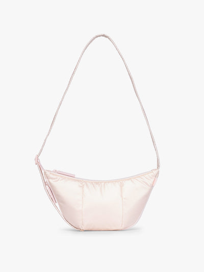 CALPAK Luka Crescent Bag in light pink shiny Pearlescent; CBL2601-PEARLESCENT