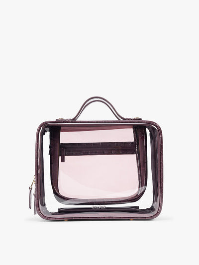 CALPAK Large Clear Cosmetics Case in deep red Dark Cherry against a white background; CCC2001-DARK-CHERRY-FAUX-CROC