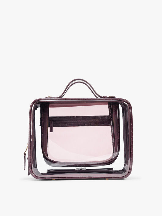 CALPAK Large Clear Cosmetics Case in deep red Dark Cherry against a white background; CCC2001-DARK-CHERRY-FAUX-CROC