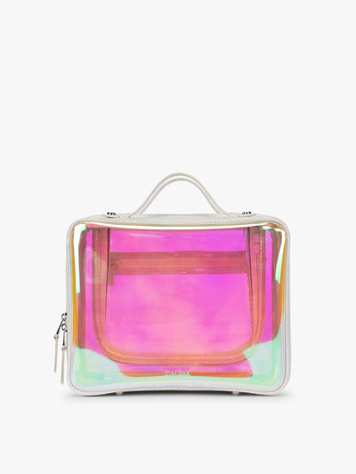 CALPAK Large Clear Cosmetics Case with white border and iridescent, holographic, and transparent case in Moonbeam on a white background; CCC2001-MOONBEAM
