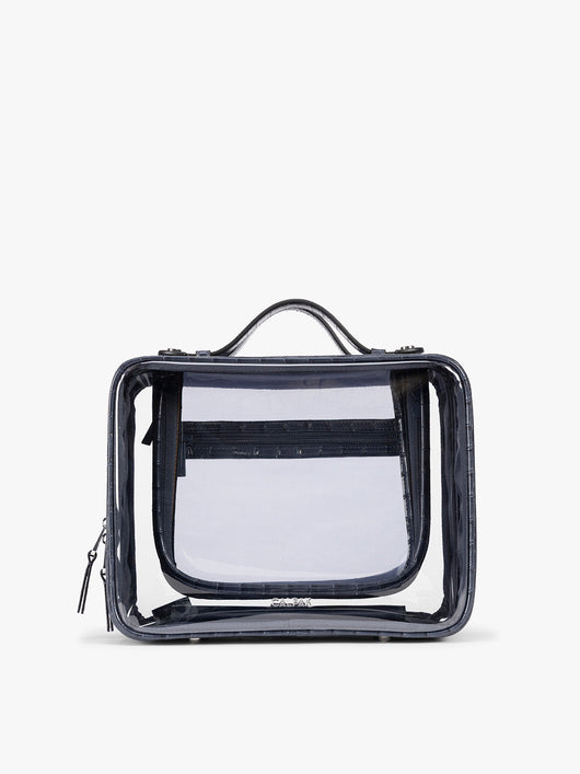 CALPAK Large Clear Cosmetics Case in deep blue Navy croc-embossed against a white background; CCC2001-NAVY-FAUX-CROC