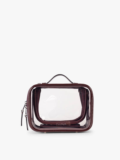 CALPAK Small Clear Cosmetic case in maroon Glazed Dark Cherry; CCM2001-GLAZED-DARK-CHERRY