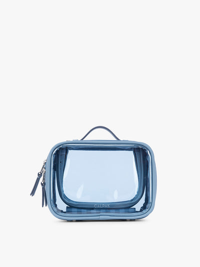 CALPAK Small Clear Cosmetic Case in light blue French Blue with white and light blue gingham interior;CCM2001-FRENCH-BLUE