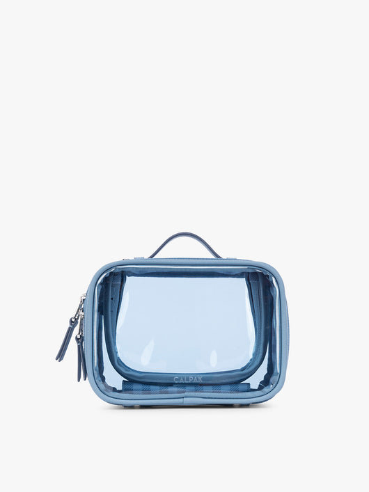 CALPAK Small Clear Cosmetic Case in light blue French Blue with white and light blue gingham interior;CCM2001-FRENCH-BLUE