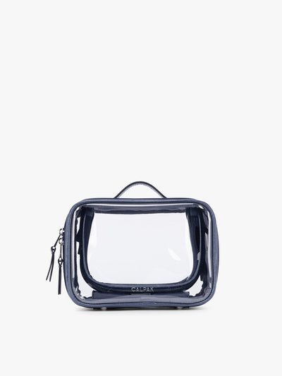 CALPAK Small Clear Cosmetic Case in dark blue Metallic Indigo with white and dark blue gingham interior ; CCM2001-METALLIC-INDIGO