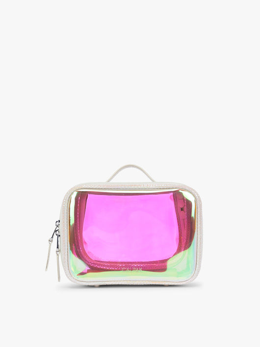 Person wearing beige holding a CALPAK Small Clear Cosmetic Case in Moonbeam with white border and transparent holographic iridescent makeup bag with pink on a white background; CCM2001-MOONBEAM
