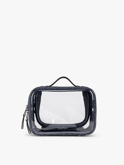 CALPAK Small Clear Cosmetics Case that is a transparent pouch with a deep blue Navy in crocodile-embossed; CCM2001-NAVY-FAUX-CROC