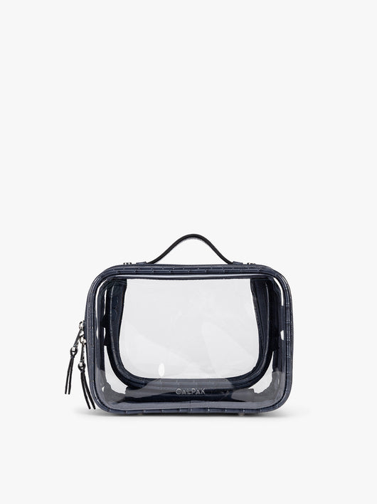 CALPAK Small Clear Cosmetics Case that is a transparent pouch with a deep blue Navy in crocodile-embossed; CCM2001-NAVY-FAUX-CROC