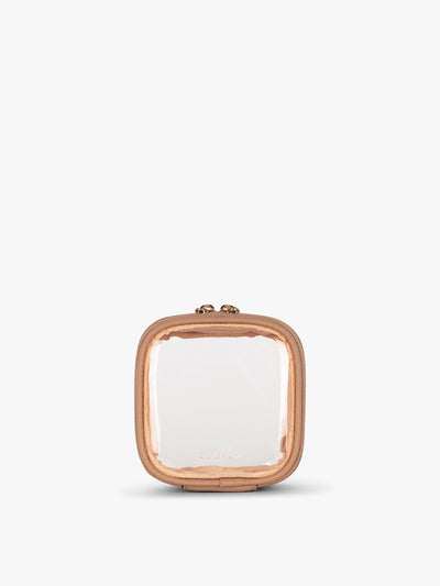 CALPAK Tiny Clear Cosmetic Case in light brown Caramel front view; CCT2501-CARAMEL