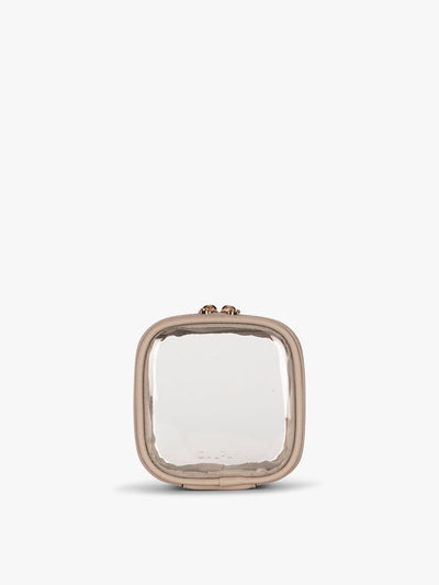CALPAK Tiny Clear Cosmetic Case in tan Stone front view; CCT2501-STONE