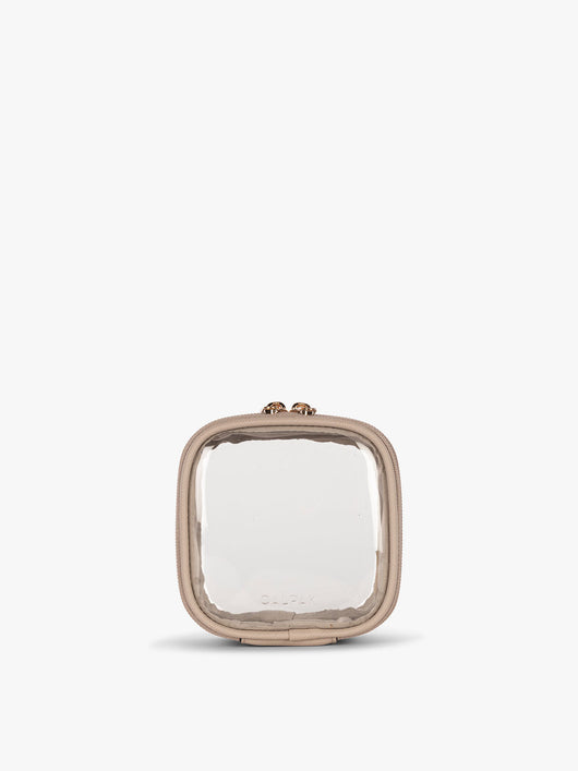 CALPAK Tiny Clear Cosmetic Case in tan Stone front view; CCT2501-STONE