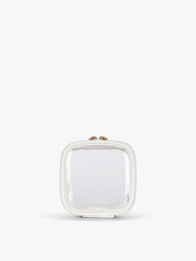 CALPAK Tiny Clear Cosmetic Case in White front view; CCT2501-WHITE