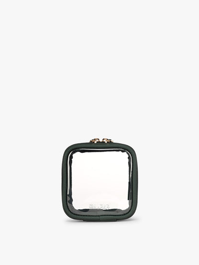 CALPAK Tiny Clear Cosmetics Case in dark green Emerald on a white background; CCT2501-EMERALD