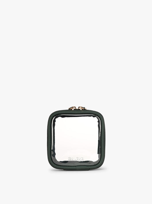 CALPAK Tiny Clear Cosmetics Case in dark green Emerald on a white background; CCT2501-EMERALD