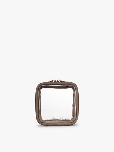 CALPAK Tiny Clear Cosmetics Case in brown Mocha on a white background; CCT2501-MOCHA