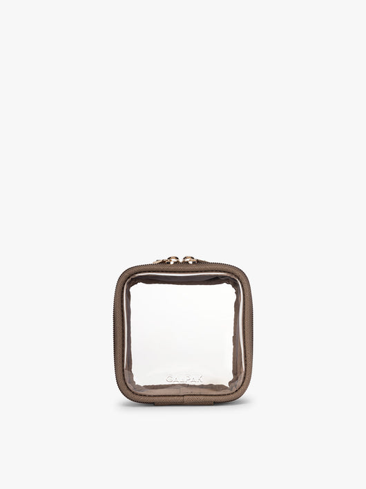 CALPAK Tiny Clear Cosmetics Case in brown Mocha on a white background; CCT2501-MOCHA
