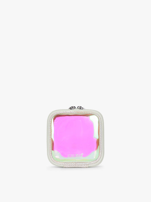 CALPAK Tiny Clear Cometic Case that is square-shaped in iridescent with pink in Moonbeam with a white border on a light gray background; CCT2501-MOONBEAM