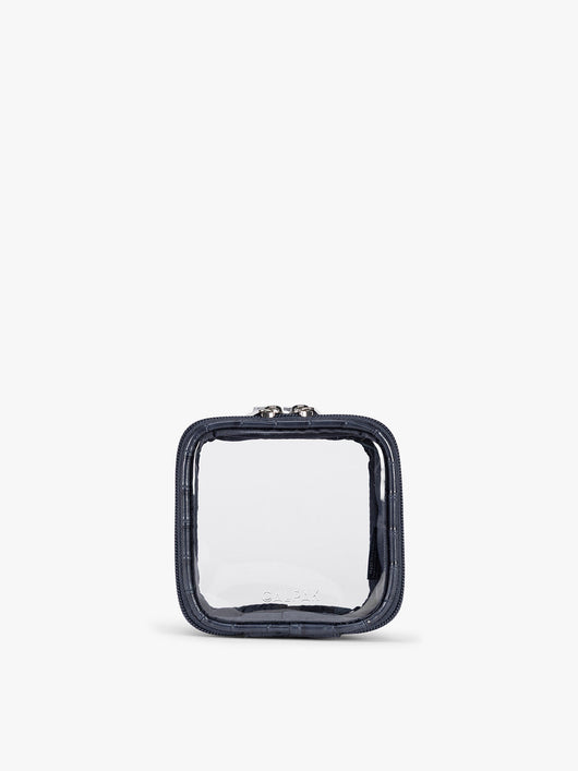 CALPAK Tiny Clear Cosmetics Case that is a transparent pouch with a dark navy blue in crocodile-embossed; CCT2501-NAVY-FAUX-CROC