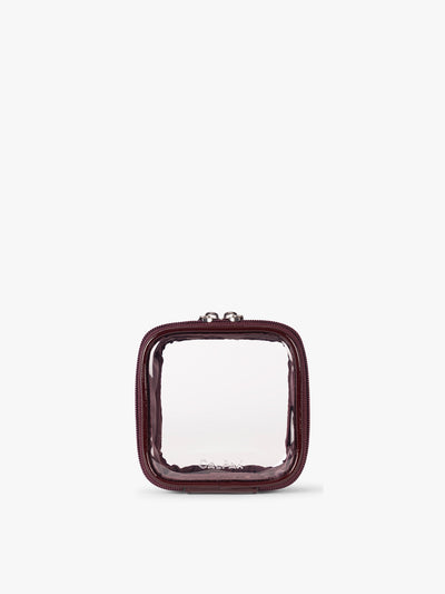 CALPAK Tiny Clear Cosmetics Case in maroon Dark Cherry; CCT2501-GLAZED-DARK-CHERRY