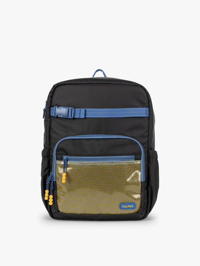 CALPAK Kids Large Backpack in Black for ages 8-12 is built for your little one’s big days with blue zippers and yellow mesh front pocket, multiple interior pockets, and padded comfort straps; CKBL2501-BLACK