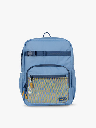 CALPAK Kids Large Backpack in Blue for ages 8-12 is built for your little one’s big days with dark blue zippers and yellow mesh front pocket, multiple interior pockets, and padded comfort straps; CKBL2501-BLUE