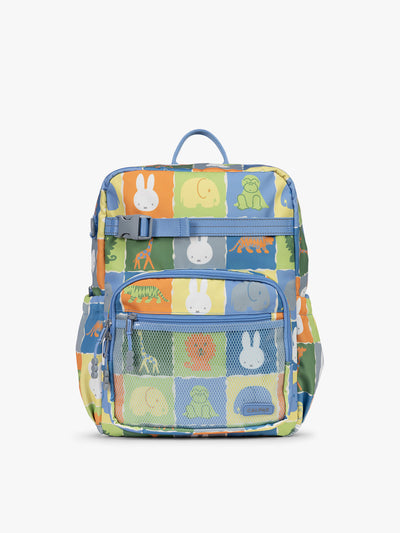 Front view of CALPAK Kids Large Backpack with Miffy and blue colorful animal pattern on a white background; CKBL2501-MIFFY-BLUE-ZOO-TRIP