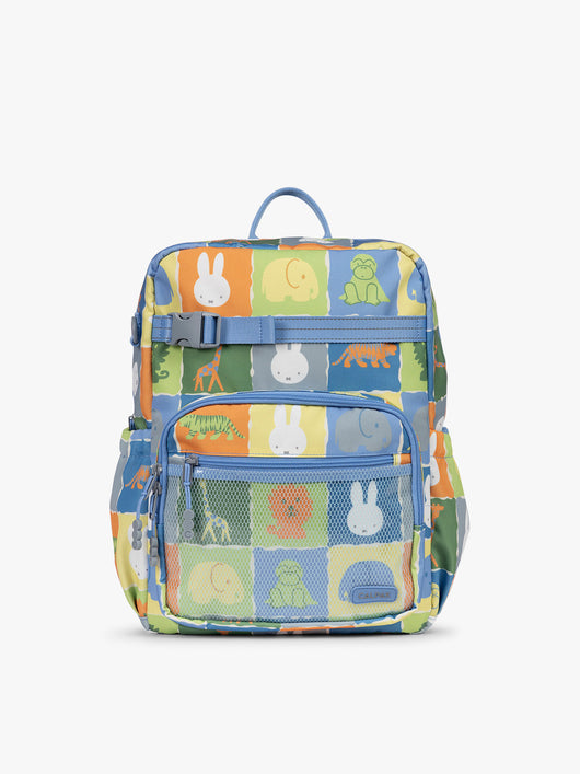 Front view of CALPAK Kids Large Backpack with Miffy and blue colorful animal pattern on a white background; CKBL2501-MIFFY-BLUE-ZOO-TRIP