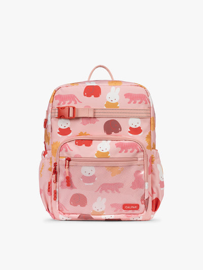 Front view of CALPAK Kids Large Backpack with Miffy and pink colorful animal pattern on a white background; CKBL2501-MIFFY-PINK-ZOO-TRIP