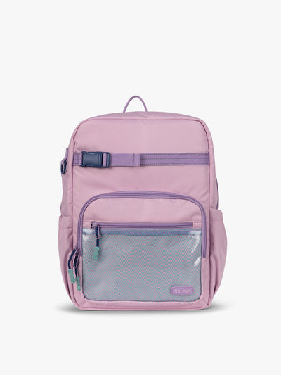 CALPAK Kids Large Backpack in lavender pink Orchid Pink for ages 8-12 side view with water bottle holder pocket; CKBL2501-ORCHID-PINK