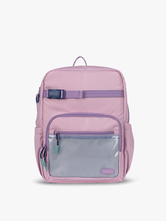 CALPAK Kids Large Backpack in lavender pink Orchid Pink for ages 8-12 side view with water bottle holder pocket; CKBL2501-ORCHID-PINK