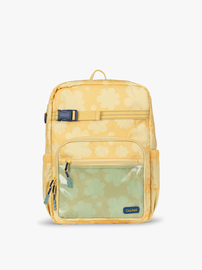 CALPAK Kids Large Backpack in yellow with tan flower print in Yellow Bloom for ages 8-12 side view with water bottle holder pocket; CKBL2501-YELLOW-BLOOM