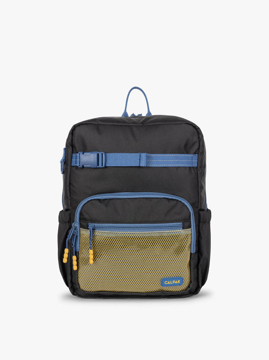 CALPAK Kids Medium Backpack in Black for ages 5-8 is built for your little one’s big days with blue zippers and yellow mesh front pocket, multiple interior pockets, and padded comfort straps; CKBM2501-BLACK