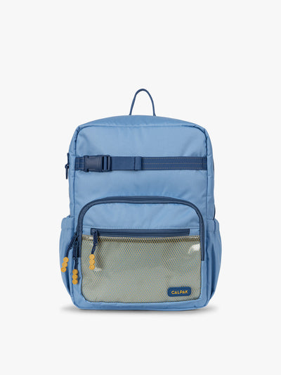 CALPAK Kids Medium Backpack in Blue for ages 5-8 is built for your little one’s big days with dark blue zippers and yellow mesh front pocket, multiple interior pockets, and padded comfort straps; CKBM2501-BLUE