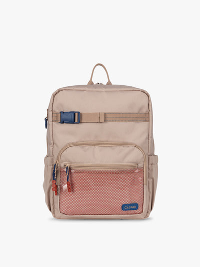 CALPAK Kids Medium Backpack in brown and tan Khaki for ages 5-8 is built for your little one’s big days with dark brown and tan zippers and red mesh front pocket, multiple interior pockets, and padded comfort straps; CKBM2501-KHAKI
