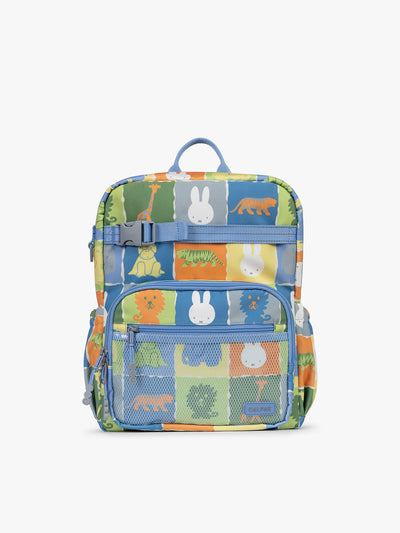 Front view of CALPAK Kids Medium Backpack with Miffy and blue colorful animal pattern on a white background; CKBM2501-MIFFY-BLUE-ZOO-TRIP