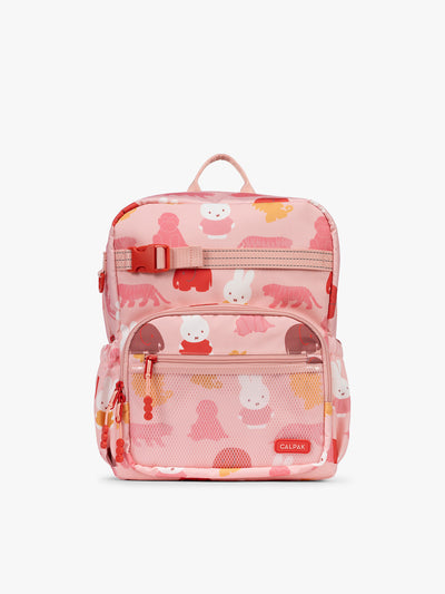 Front view of CALPAK Kids Medium Backpack with Miffy and pink colorful animal pattern on a white background; CKBM2501-MIFFY-PINK-ZOO-TRIP