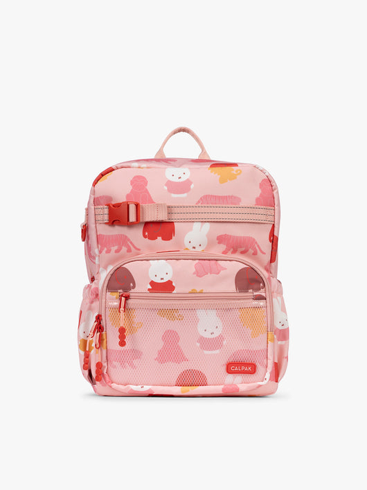 Front view of CALPAK Kids Medium Backpack with Miffy and pink colorful animal pattern on a white background; CKBM2501-MIFFY-PINK-ZOO-TRIP