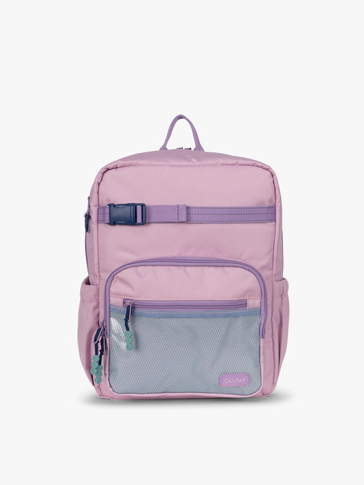 CALPAK Kids Medium Backpack in lavender pink Orchid Pink for ages 5-8 is built for your little one’s big days with lavender pink  zippers and blue mesh front pocket, multiple interior pockets, and padded comfort straps; CKBM2501-ORCHID-PINK