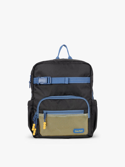 CALPAK Kids Small Backpack in Black for ages 3-5 is built for your little one’s big days with blue zippers and yellow mesh front pocket, multiple interior pockets for an 11” tablet or laptop, and padded comfort straps; CKBS2501-BLACK