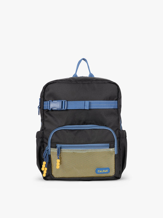 CALPAK Kids Small Backpack in Black for ages 3-5 is built for your little one’s big days with blue zippers and yellow mesh front pocket, multiple interior pockets for an 11” tablet or laptop, and padded comfort straps; CKBS2501-BLACK